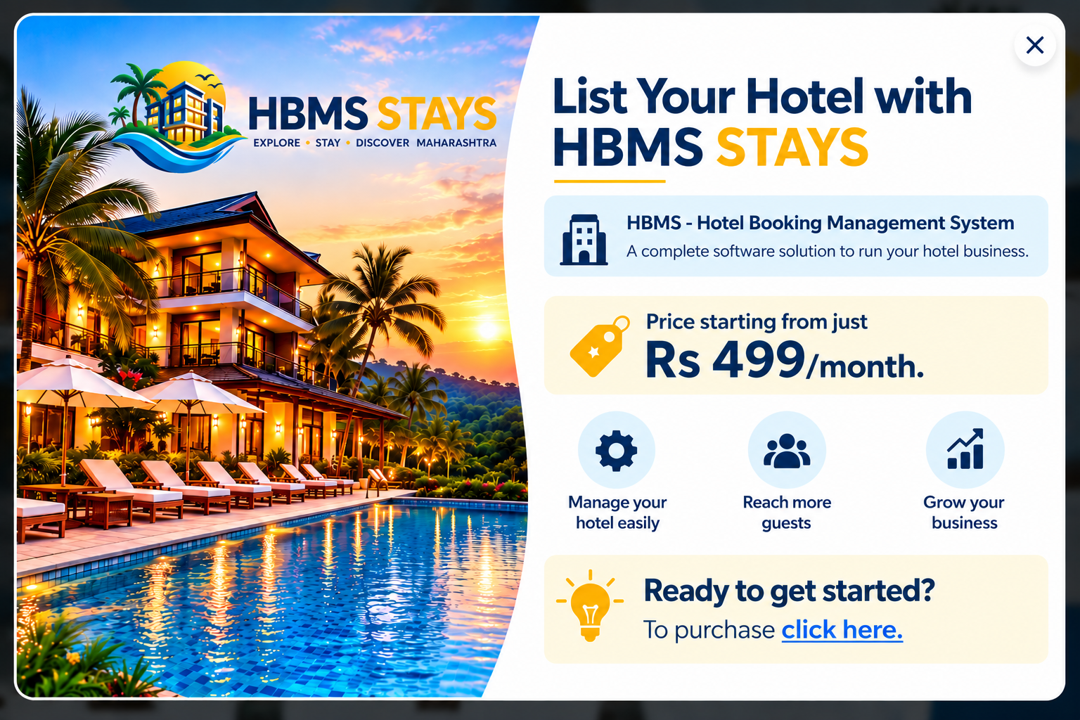 List Your Hotel with HBMS STAYS - HBMS hotel booking management subscription information